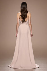 Champagner Maxi Abendkleid aus Satin mit Rüschen und Schlitz in A-Linie